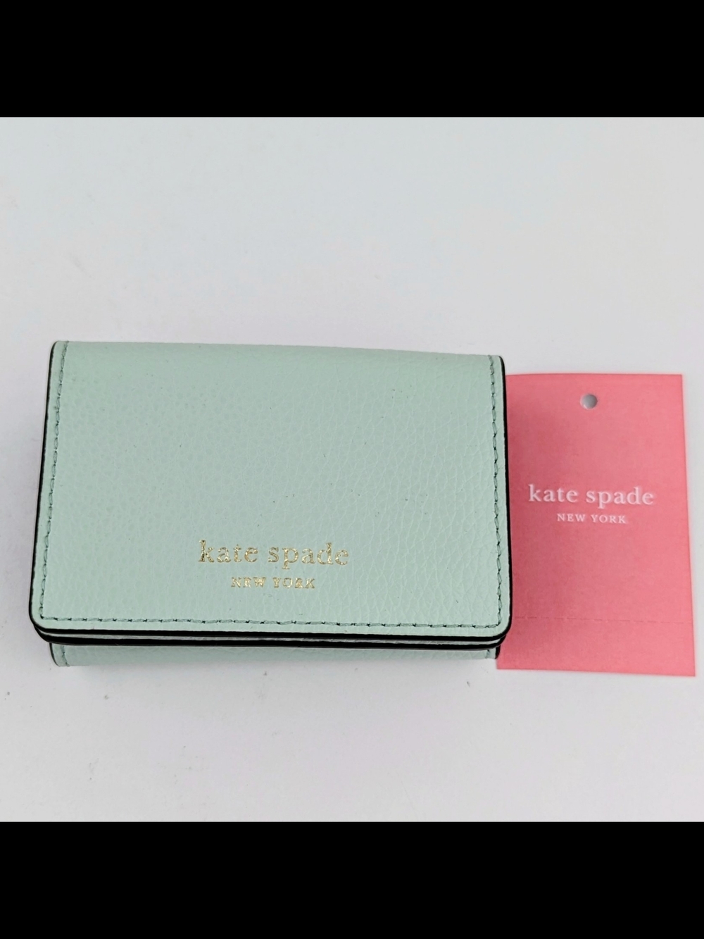 Kate Spade Mint Green Leather Tri-Fold Card Wallet With Burgundy Interior